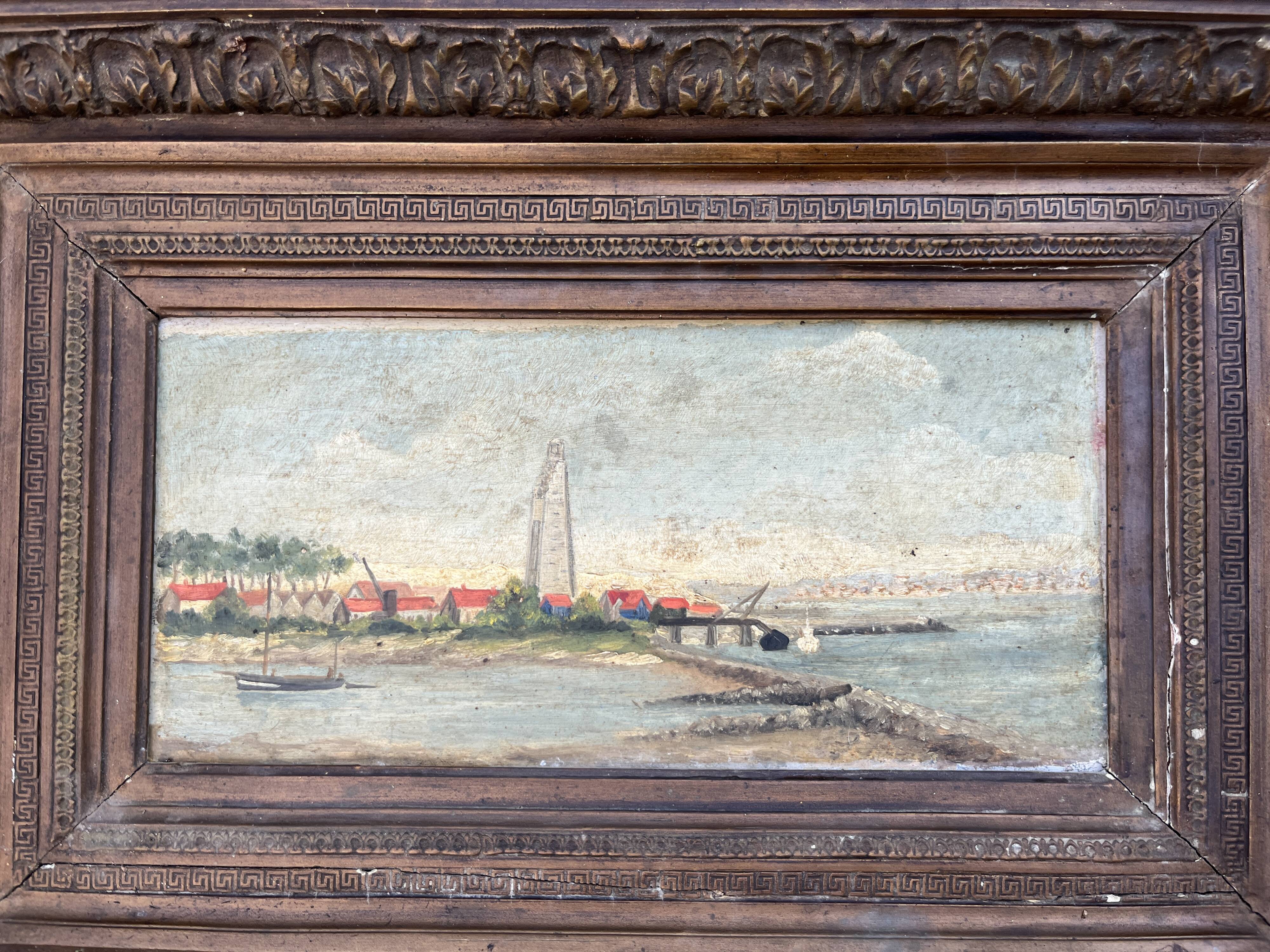 Beautiful painting of a port landscape and its old 19th century frame
