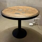 Old bistro round table / workshop – wooden top with metal rim – foot