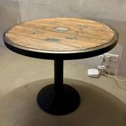 Antique bistro/atelier round table – wooden top with metal rim – foot