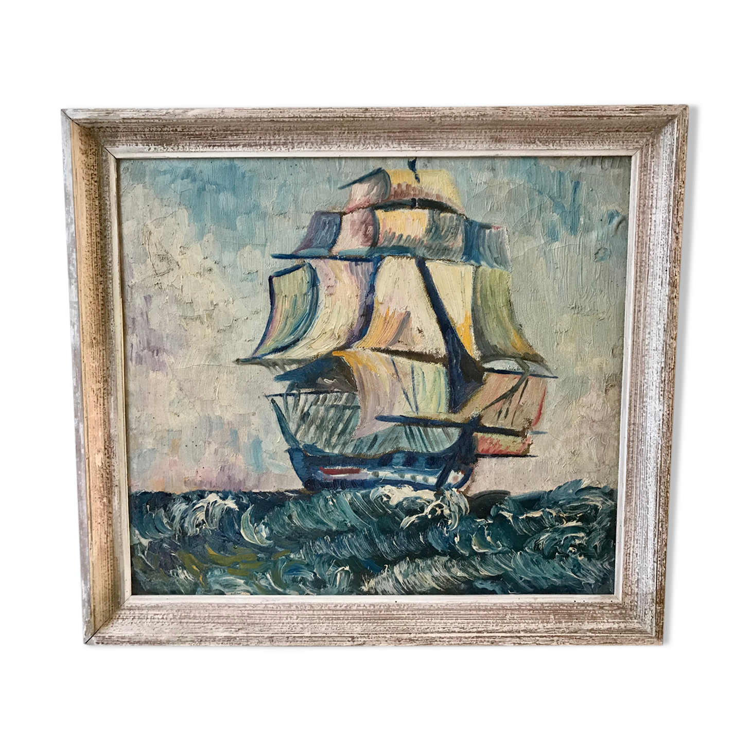 Tableau marine huile sur toile bateau voilier ancien
