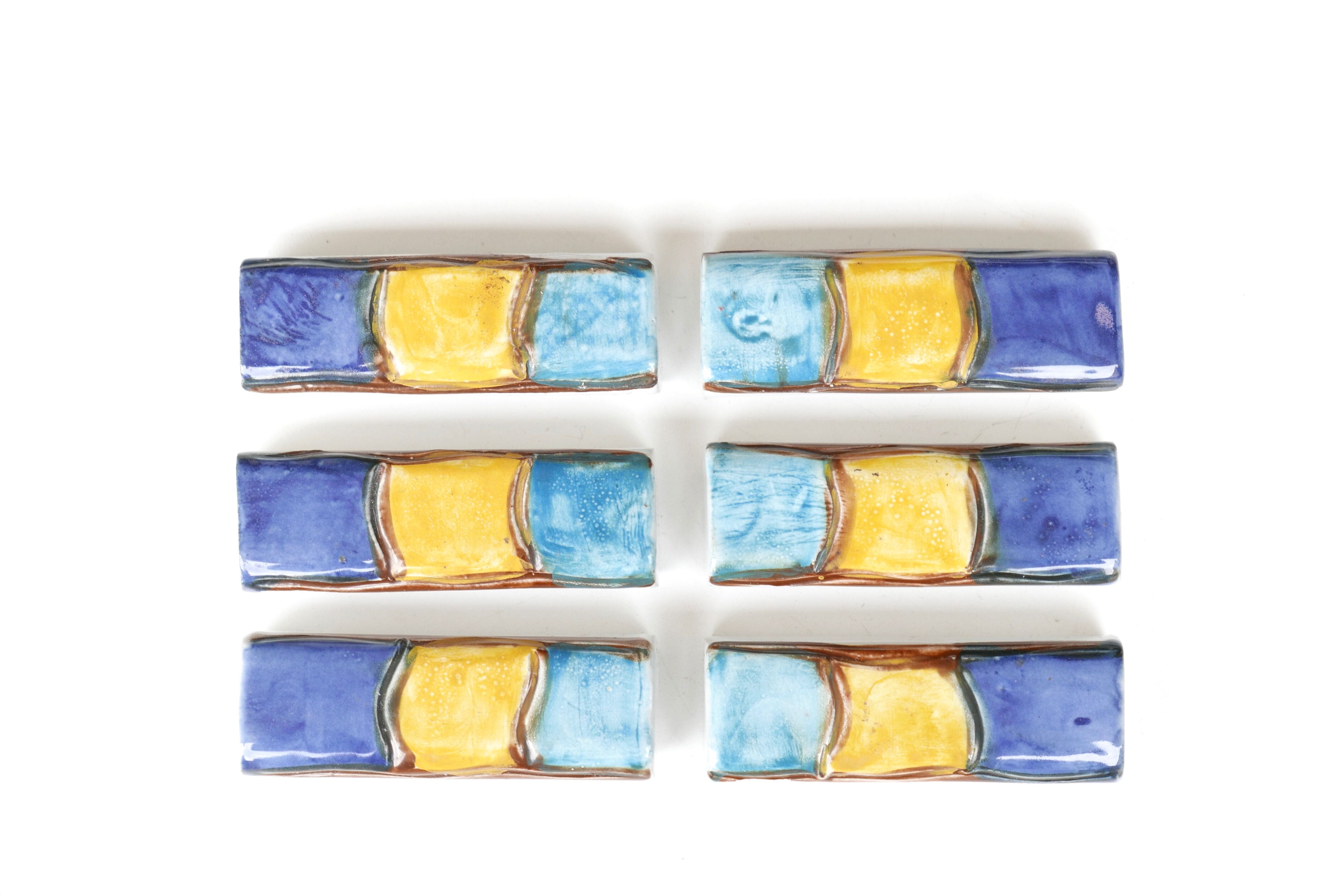 Set of 6 blue and yellow ceramic knife holders, 1980s