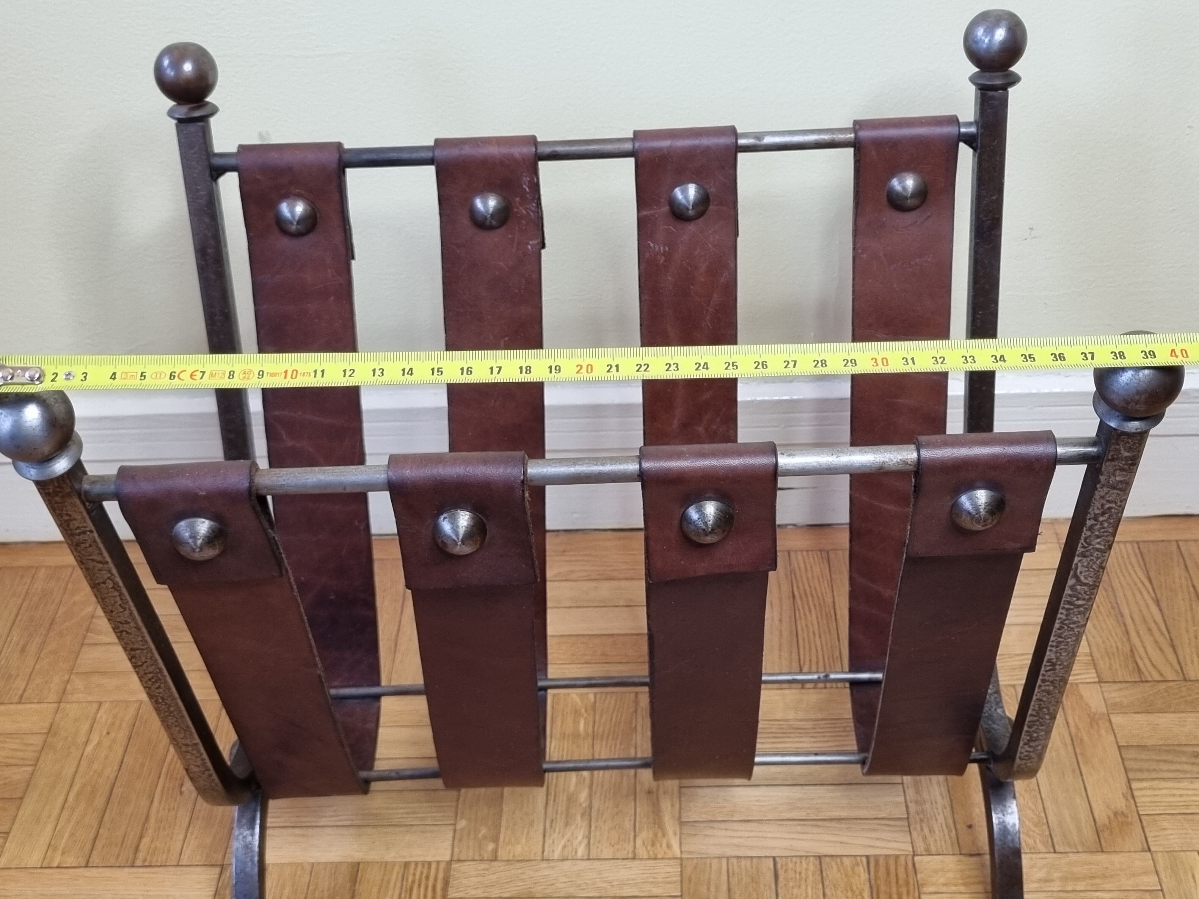 Magazine door in leather and forged metal, brutalist, 50s