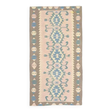 1970s Vintage Turkish Oushak Handmade Wool Cotton Pink Runner Rug 93x176