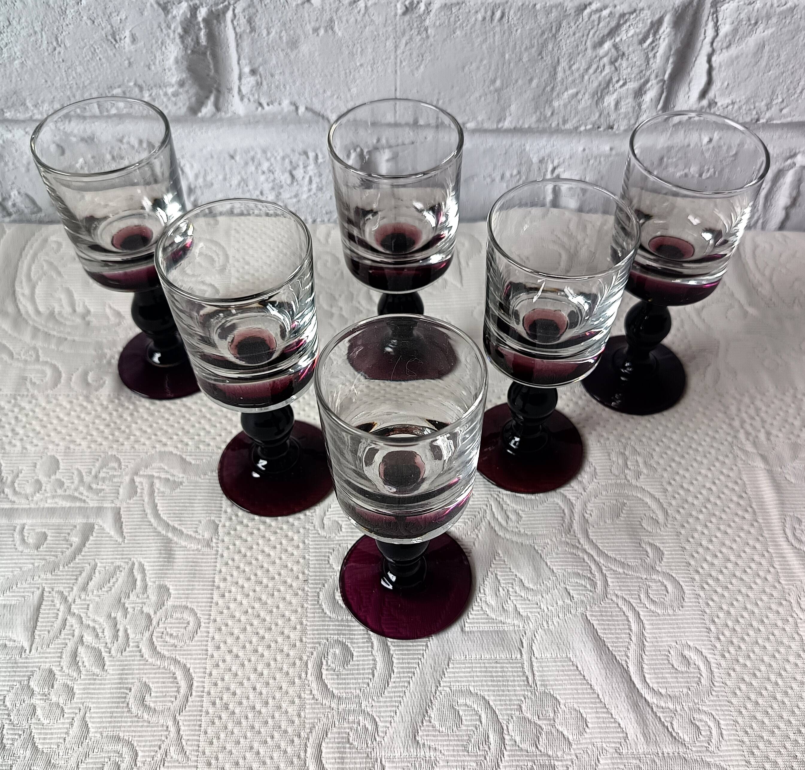 6 antique aperitif glasses, vintage plum-footed glass