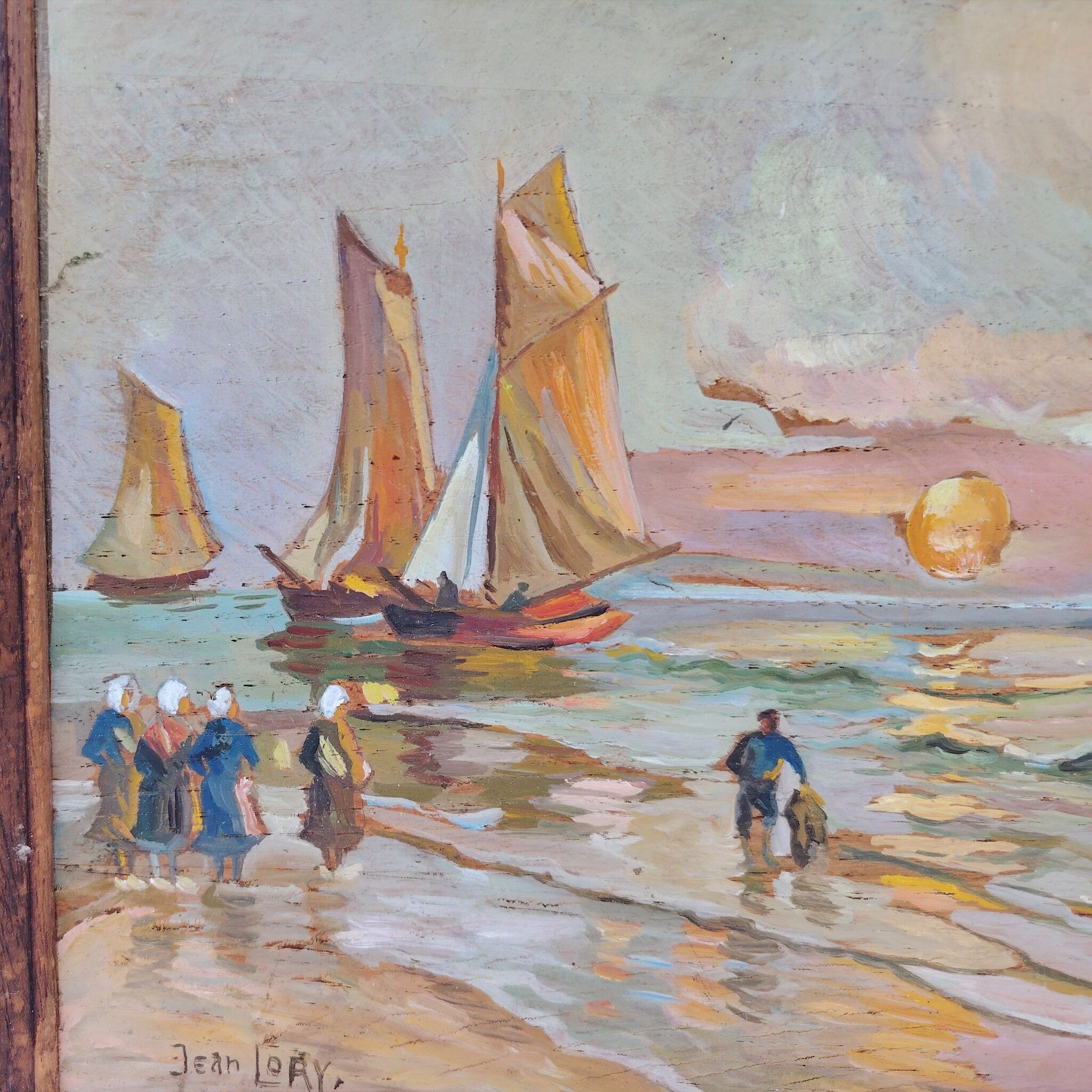 Gouache on panel, return from fishing, Jean Lory