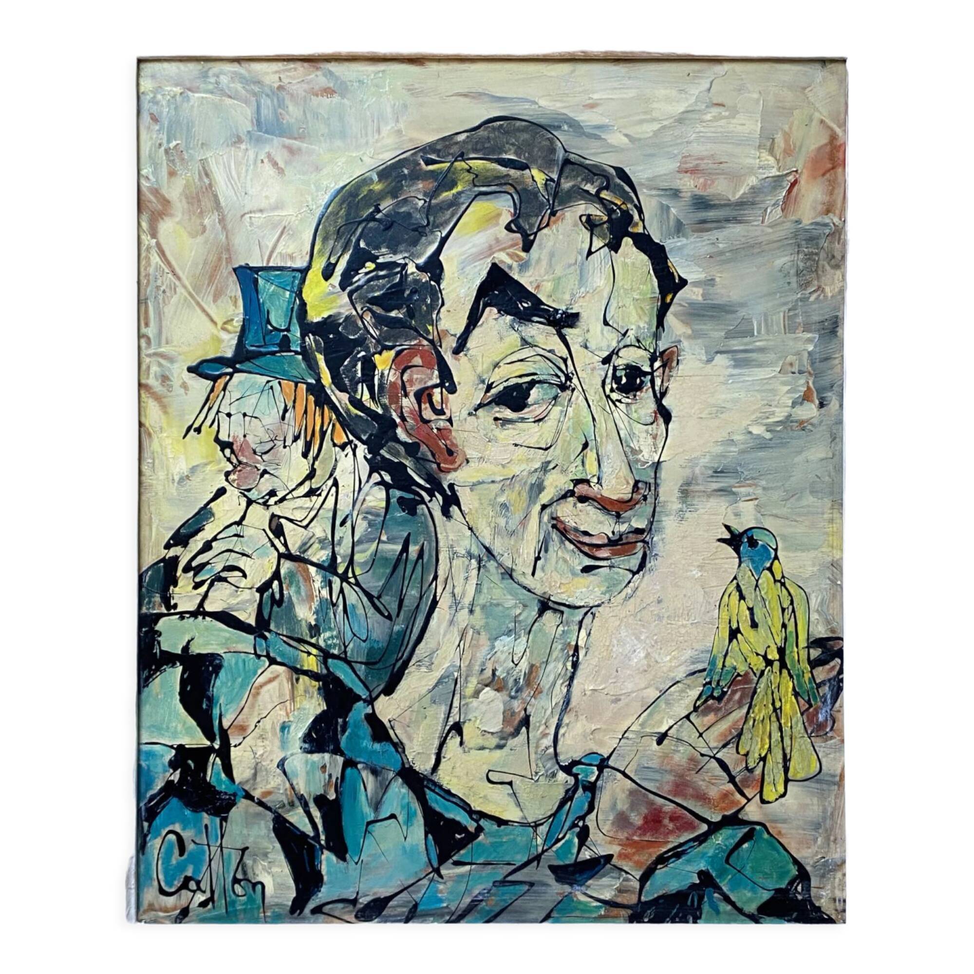 Painting Pierre Catton (1903) "Auguste à l'oiseau" HSP cf. B. Buffet + frame