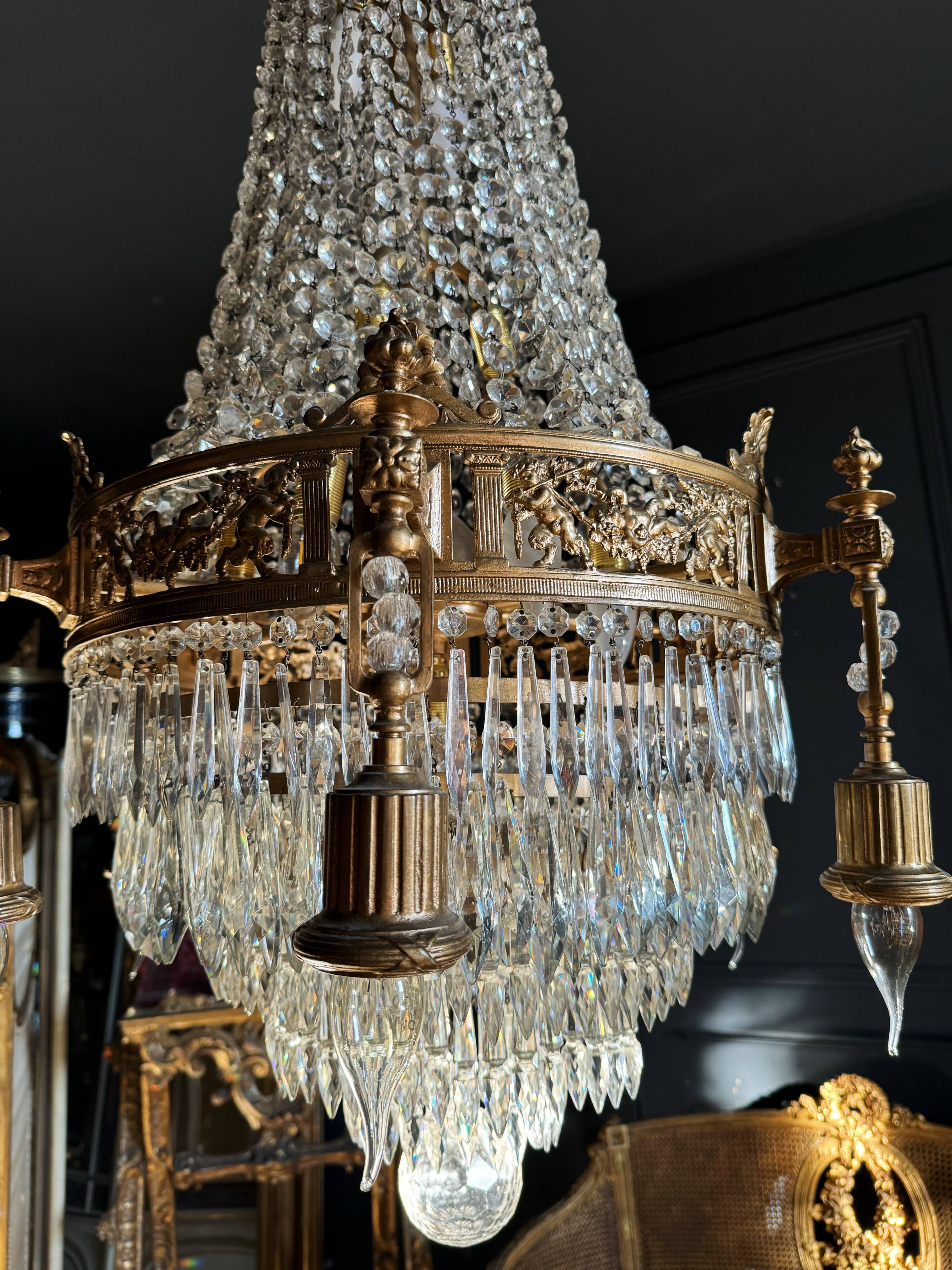 19th Century Louis XVI Style Gilt Bronze Chandelier With Crystal Tassels - H125cm