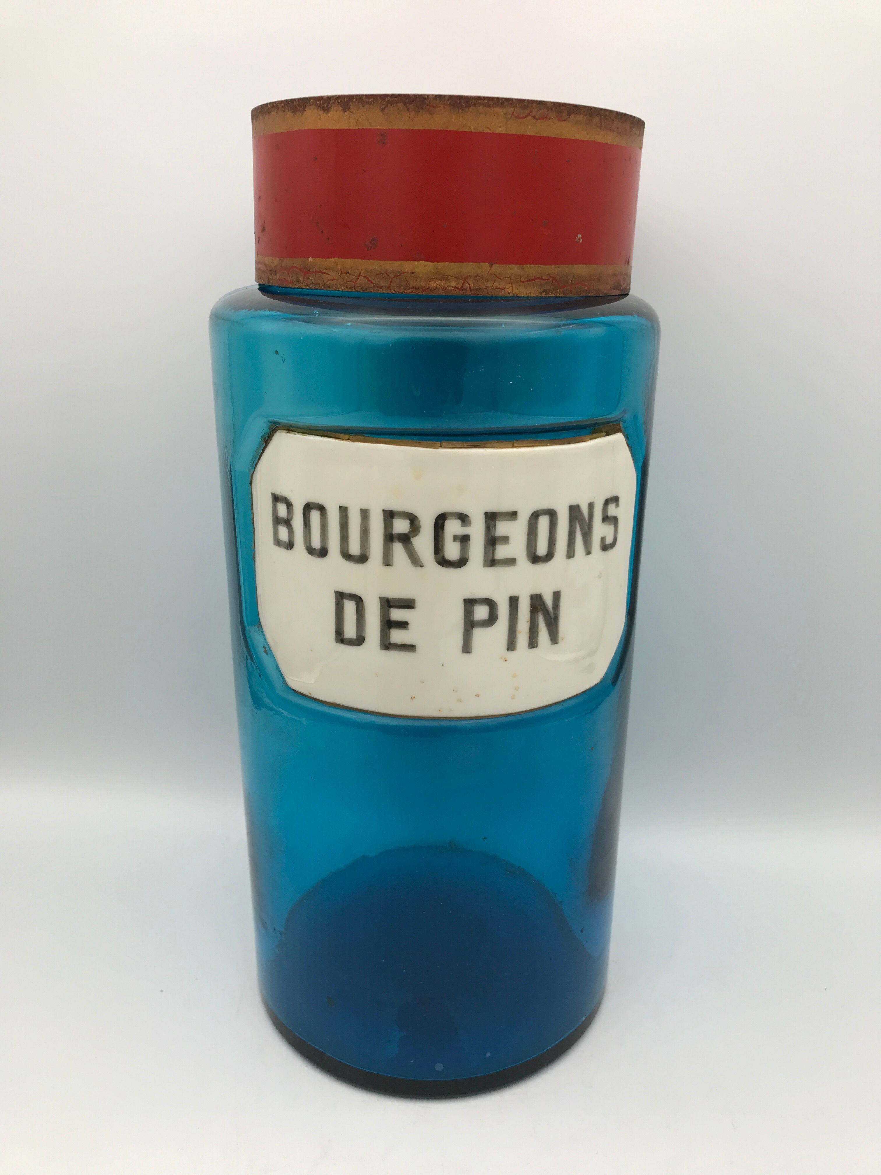 Flacon bocal de pharmacie apothicaire en verre bleu, plaque bourgeons de pin, 26,5 cm