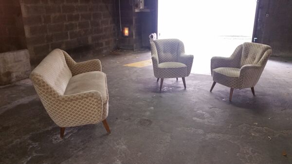Set canapé sofa + 2 fauteuils années 50 60 d'epoque