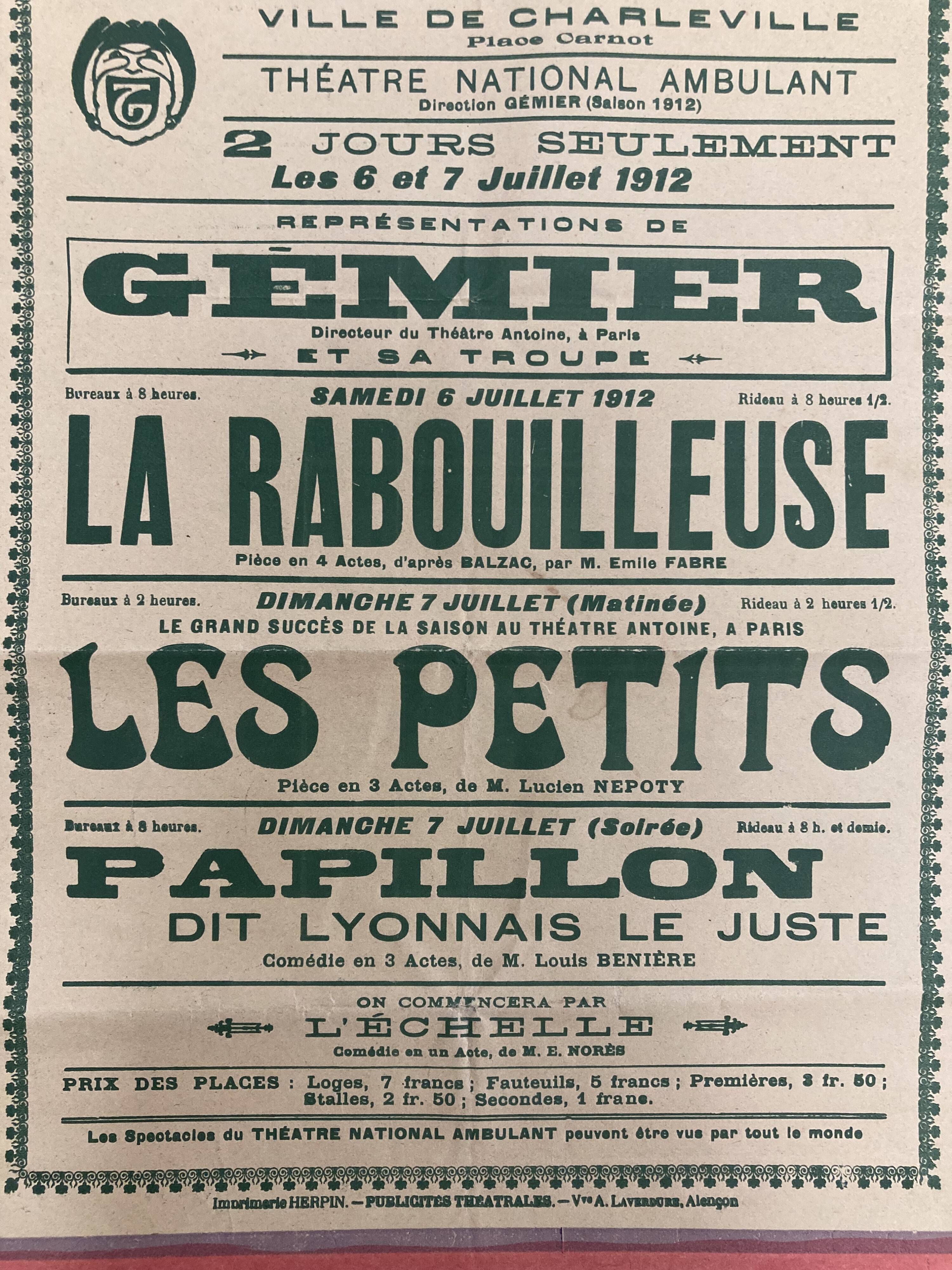Affiche ancienne Gémier Théâtre national ambulant de 1912