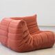 Coral corduroy Togo corner chair by Michel Ducaroy for Ligne Roset