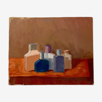 Old painting, still life with bottles, signed Milliquet (1896-1982)
