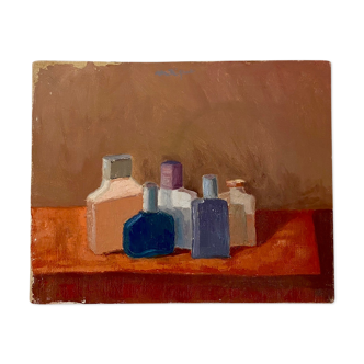 Old painting, still life with bottles, signed Milliquet (1896-1982)