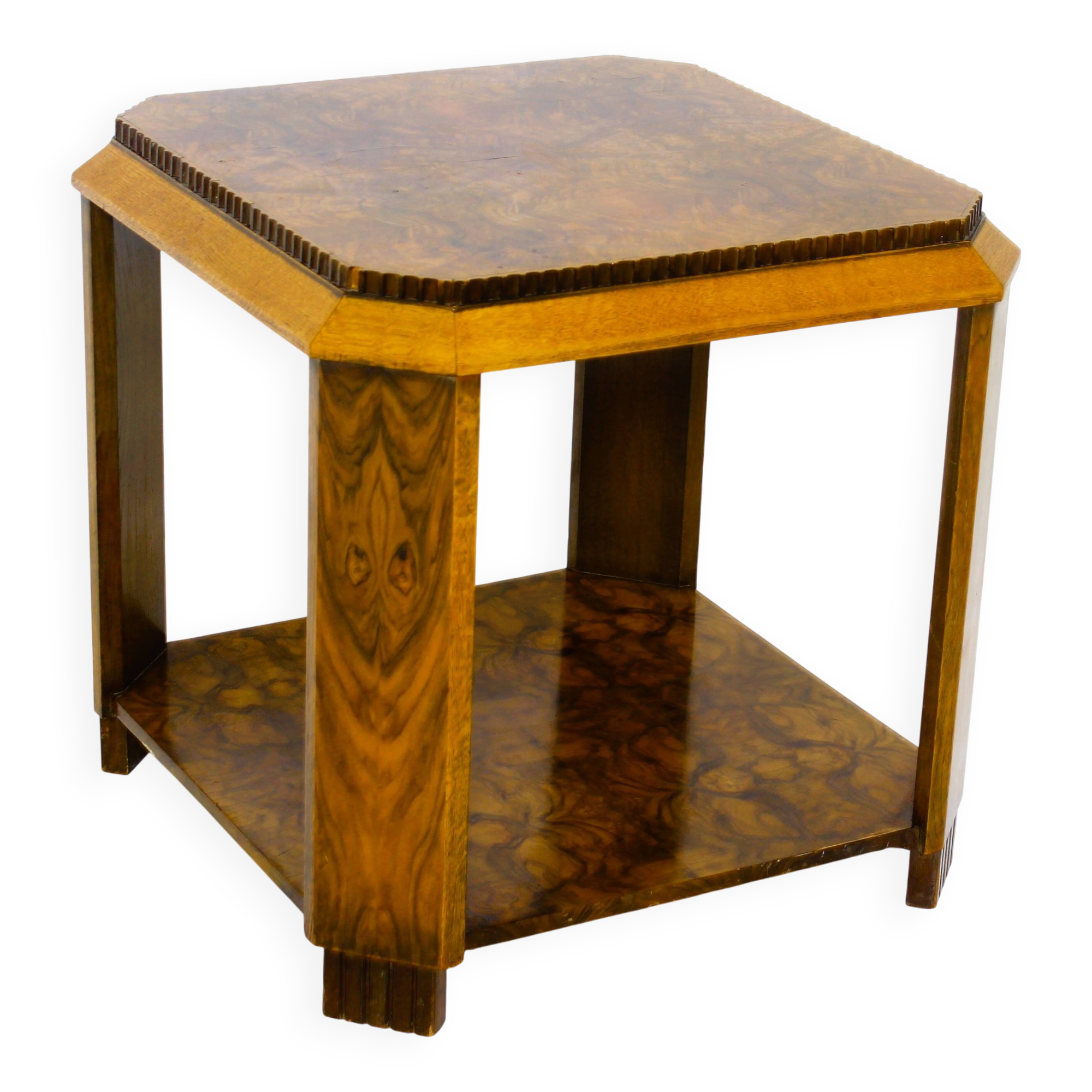Side table or Art Deco coffee table in walnut and oak burl.
