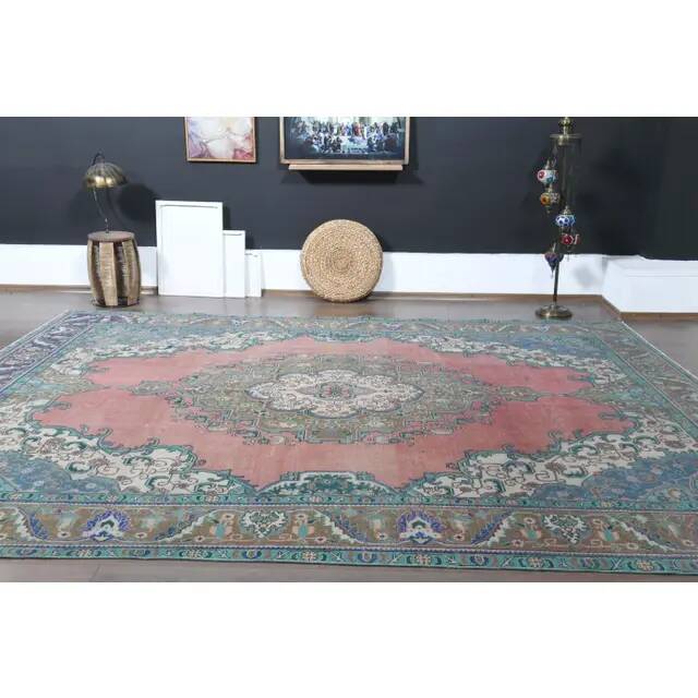 1970s Vintage Persian Handmade Wool Cotton Pink Area Rug 282x385