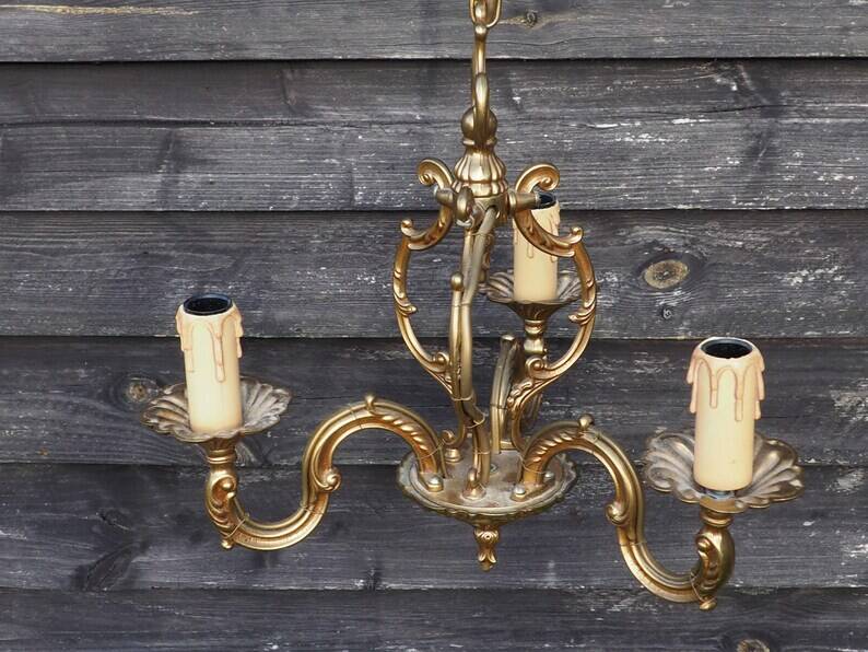 Vintage French Cage Chandelier: Bronze & Brass 3-Branch Ceiling Light