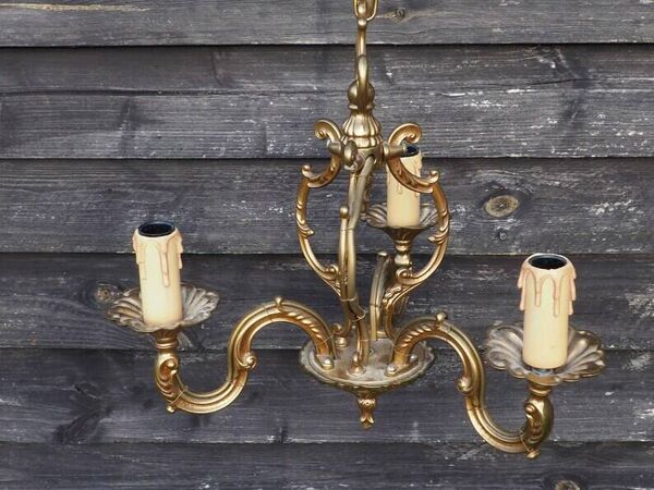 Lustre 3 feux en bronze et laiton, France 1970
