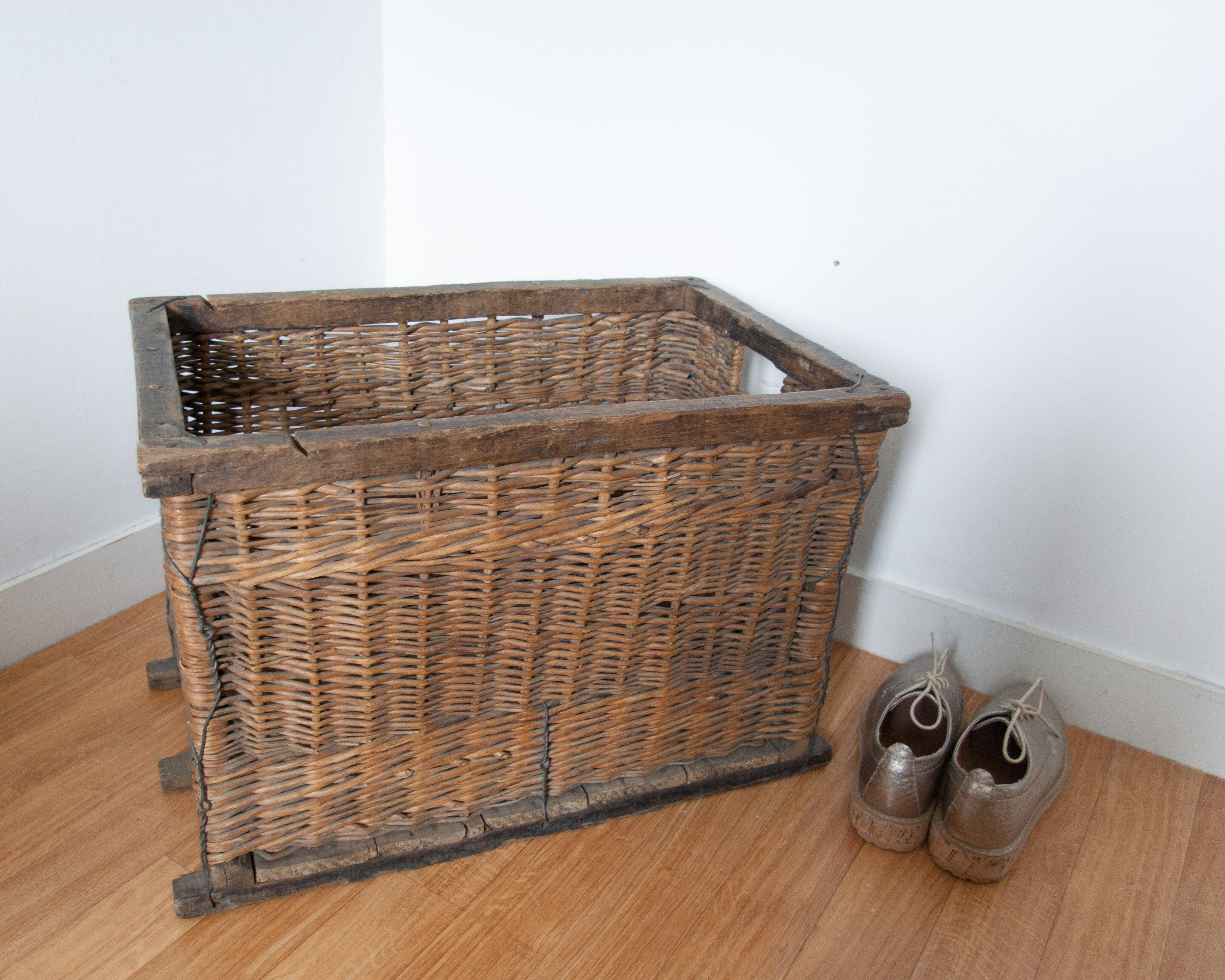 Wicker basket and wood