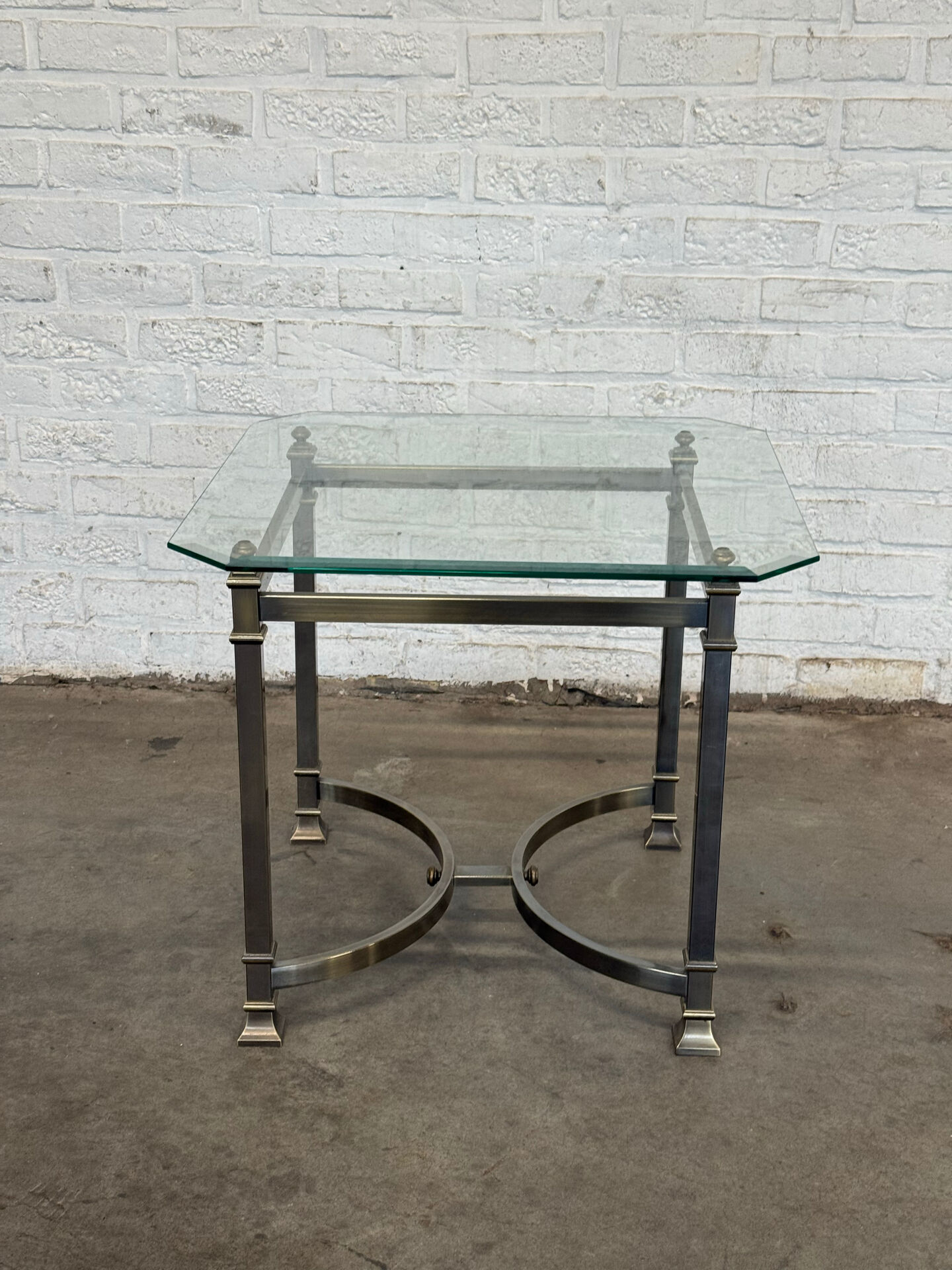 Vintage Neoclassical Side Table — Gun Metal & Brass Frame with Octagon