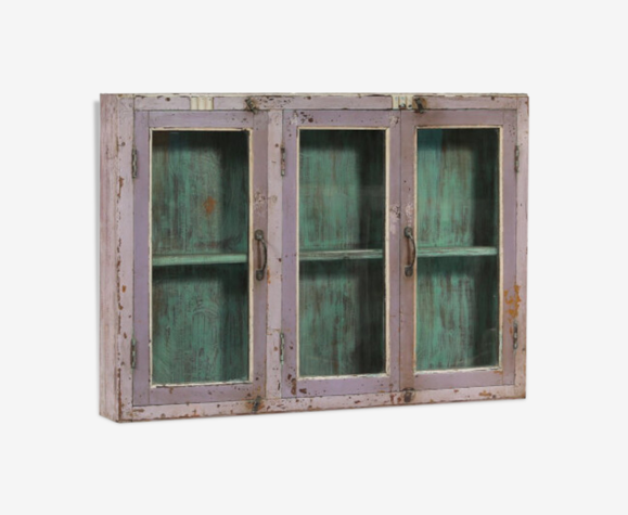Vitrine murale indienne vintage vieux teck patine violet piece d'origine