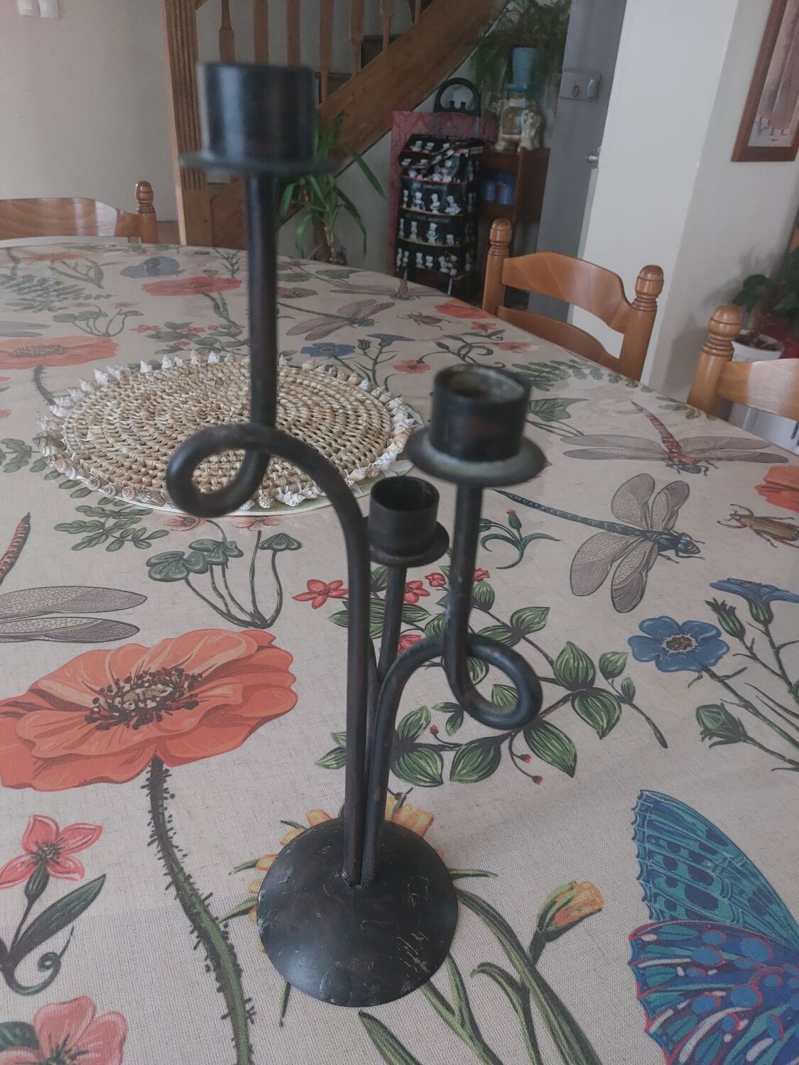 3-spoke wrought iron candle holder