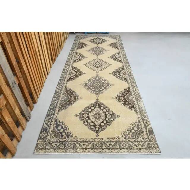 1970s Vintage Turkish Hand-Knotted Wool & Cotton Beige Rug 136x388