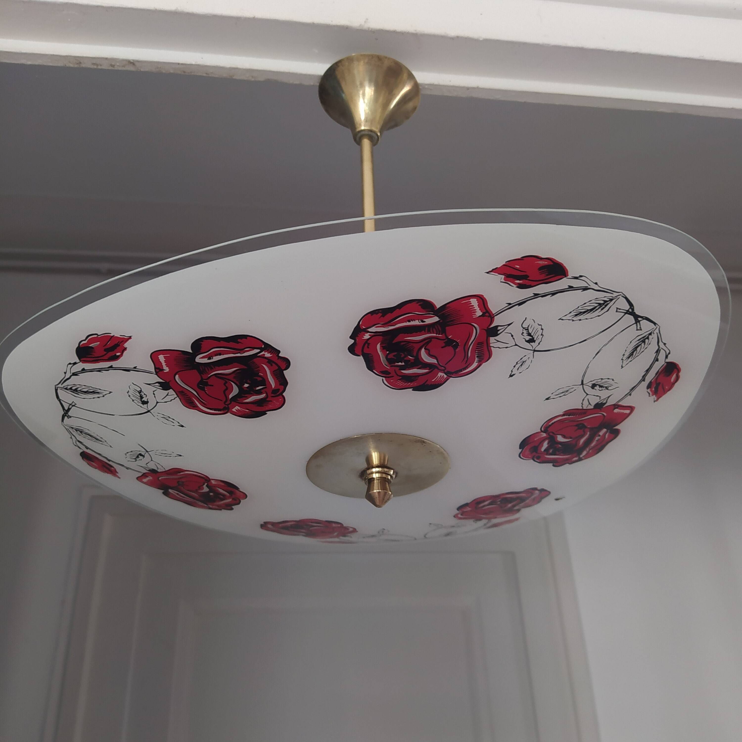 Vintage 1960s brass and glass pendant light with rose decor