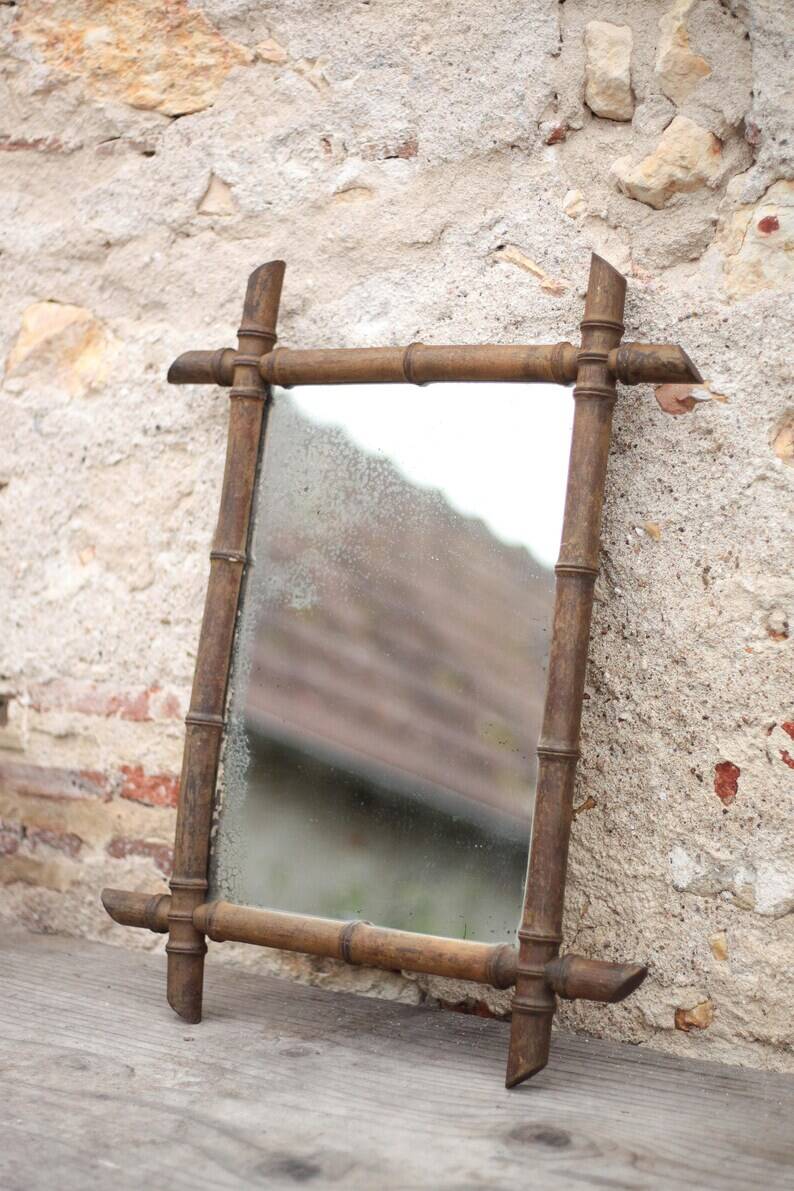 Wooden bamboo imitation mirror, antique mirror, hanging mirror, interior decor, mirror