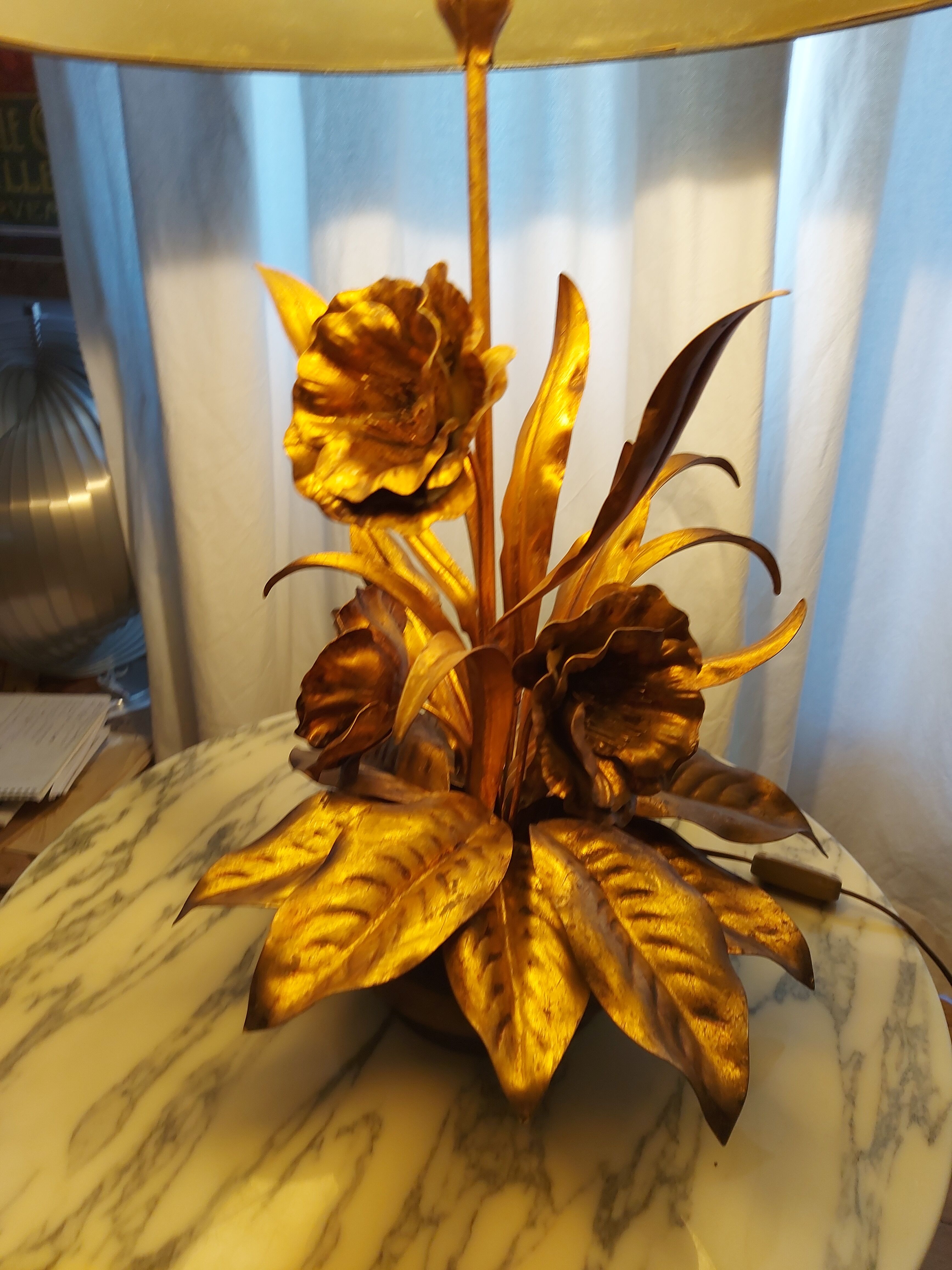 Large lamp, bouquet of vintage anemone flowers, gold metal, Hans Kogl