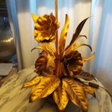 Large lamp, bouquet of vintage anemone flowers, gold metal, Hans Kogl