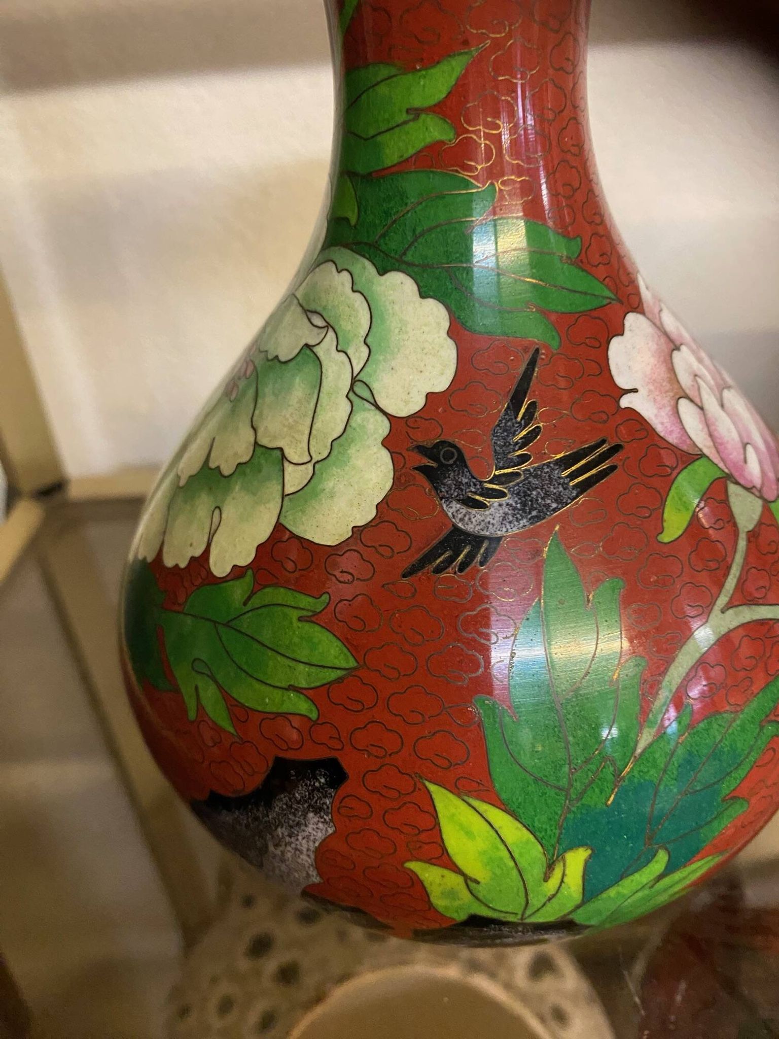 CLOISONNE VASE WITH LOTUS FLOWERS DECOR IN BURGUNDY TONES