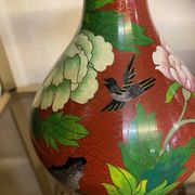 CLOISONNE VASE WITH LOTUS FLOWERS DECOR IN BURGUNDY TONES