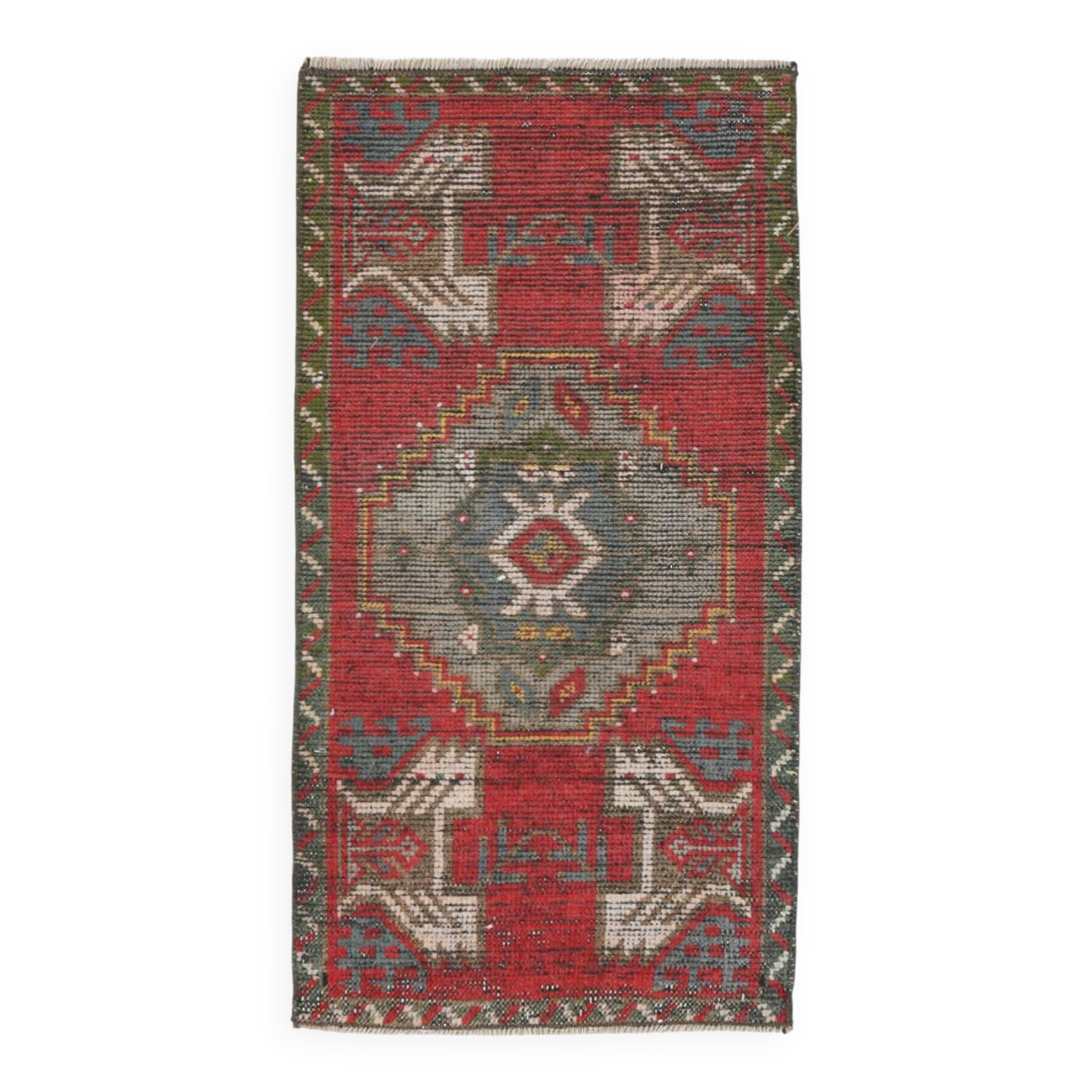 2x3 Red Green Oriental Vintage Rug, 48x89Cm