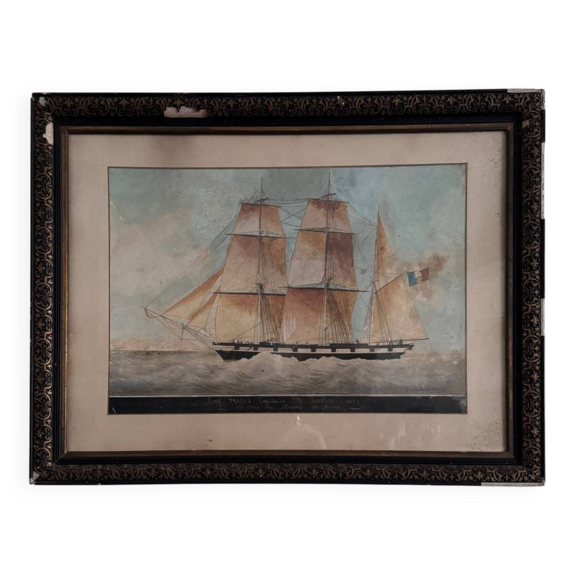 Watercolor on paper of a three-masted French ship from the 19th century by Th. Cochard