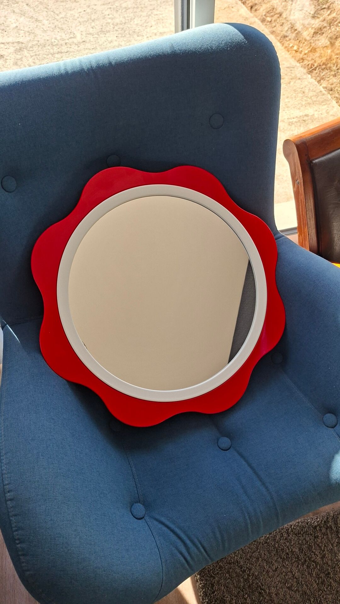 Round wall mirror 53 cm red/white vintage 1960s/70s