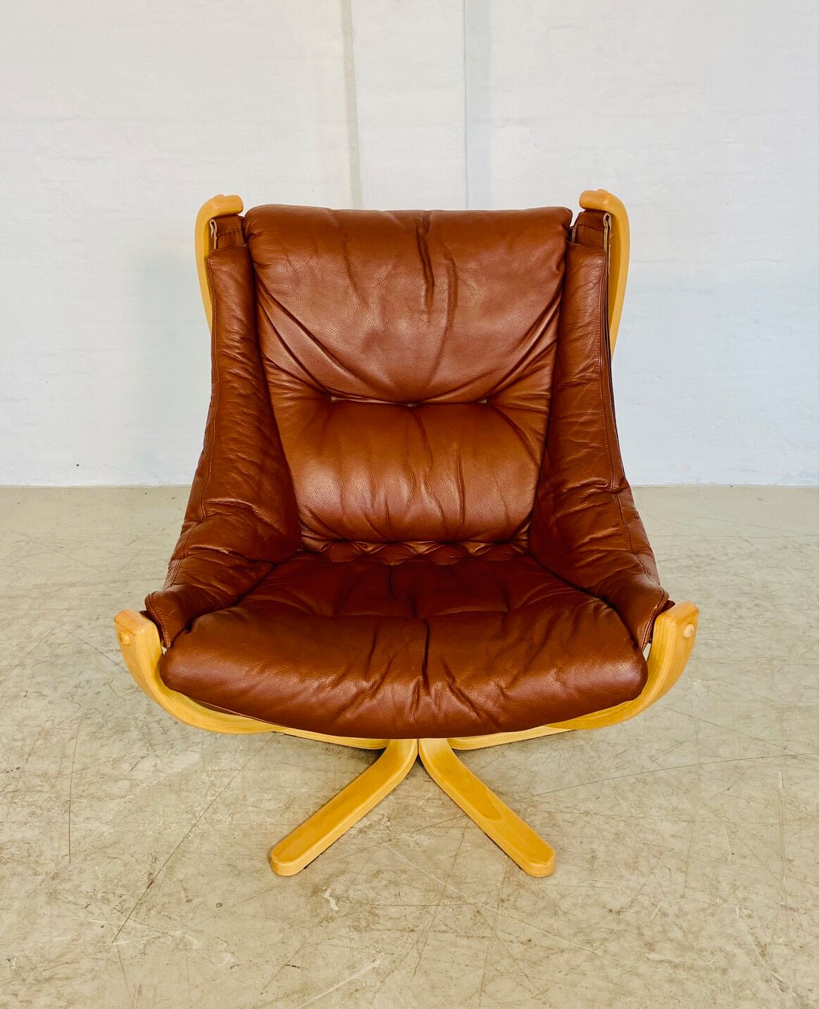 Svend Skippers vintage retro cognac leather swivel chair set 1970s