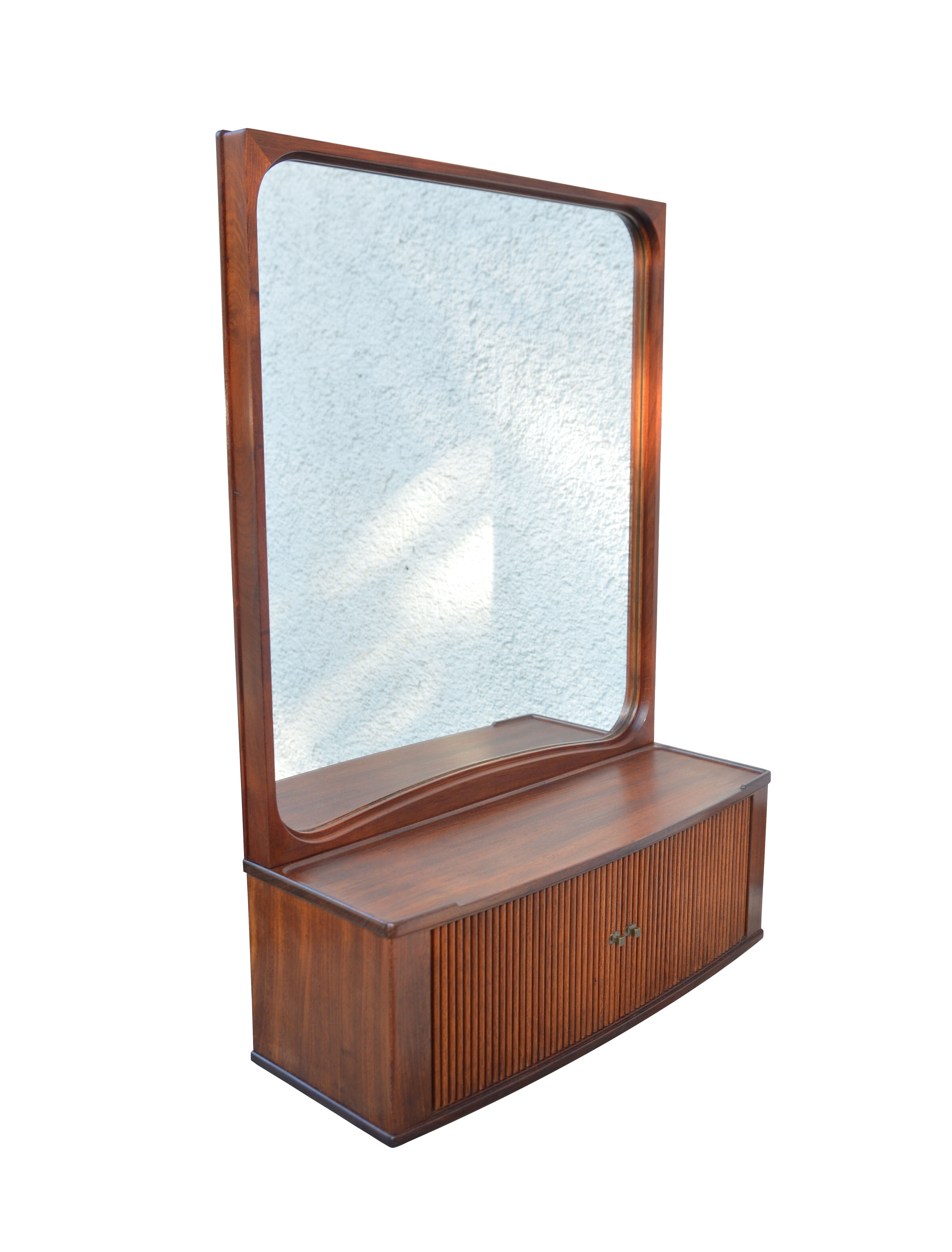 Vintage mid-century Danish mirror with tambour cabinet from 1950s 1960s. 46x67cm