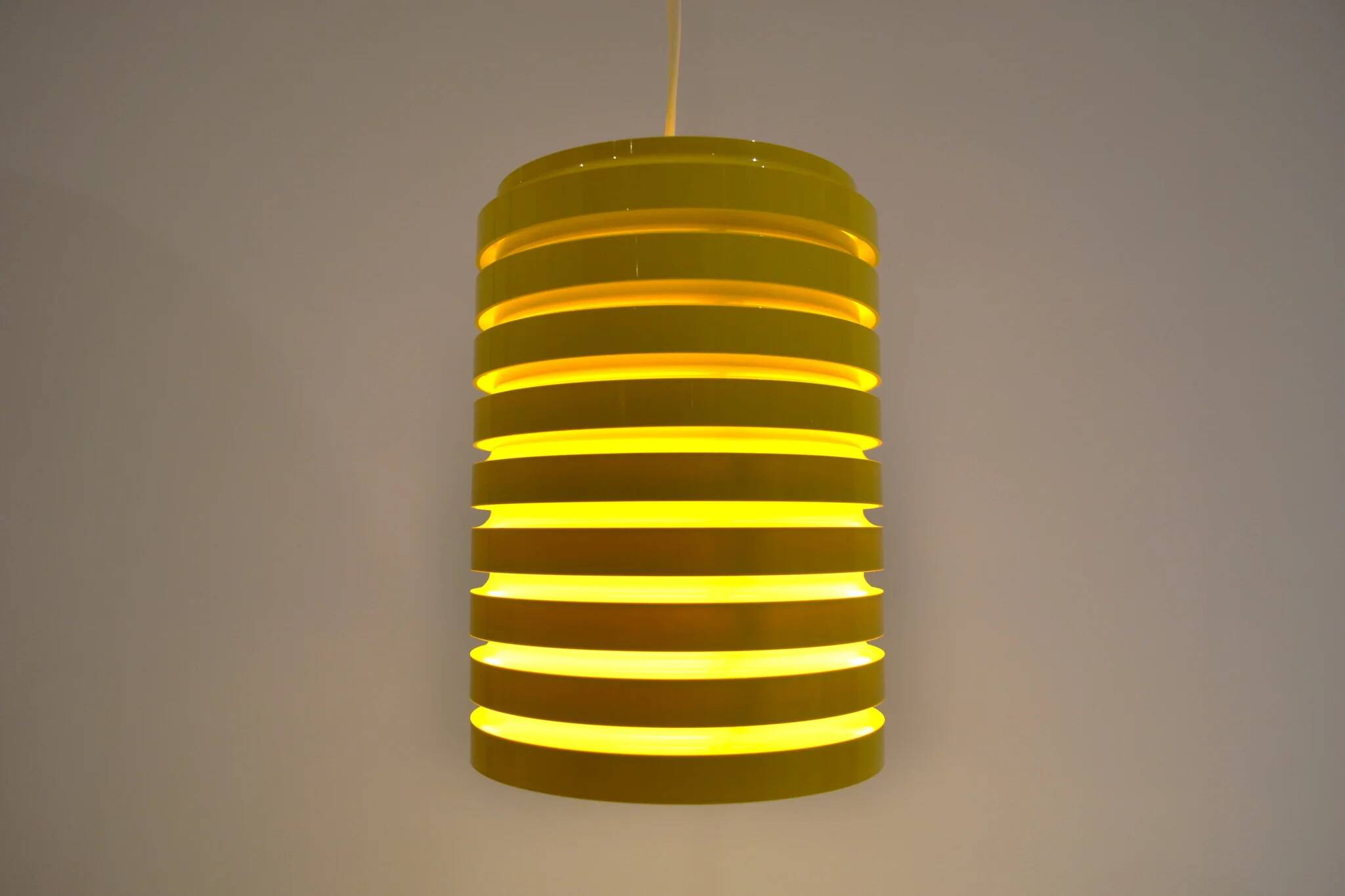 Pop Art Yellow Louvered Cylinder Pendant Lamp, Scandinavia, circa 1970