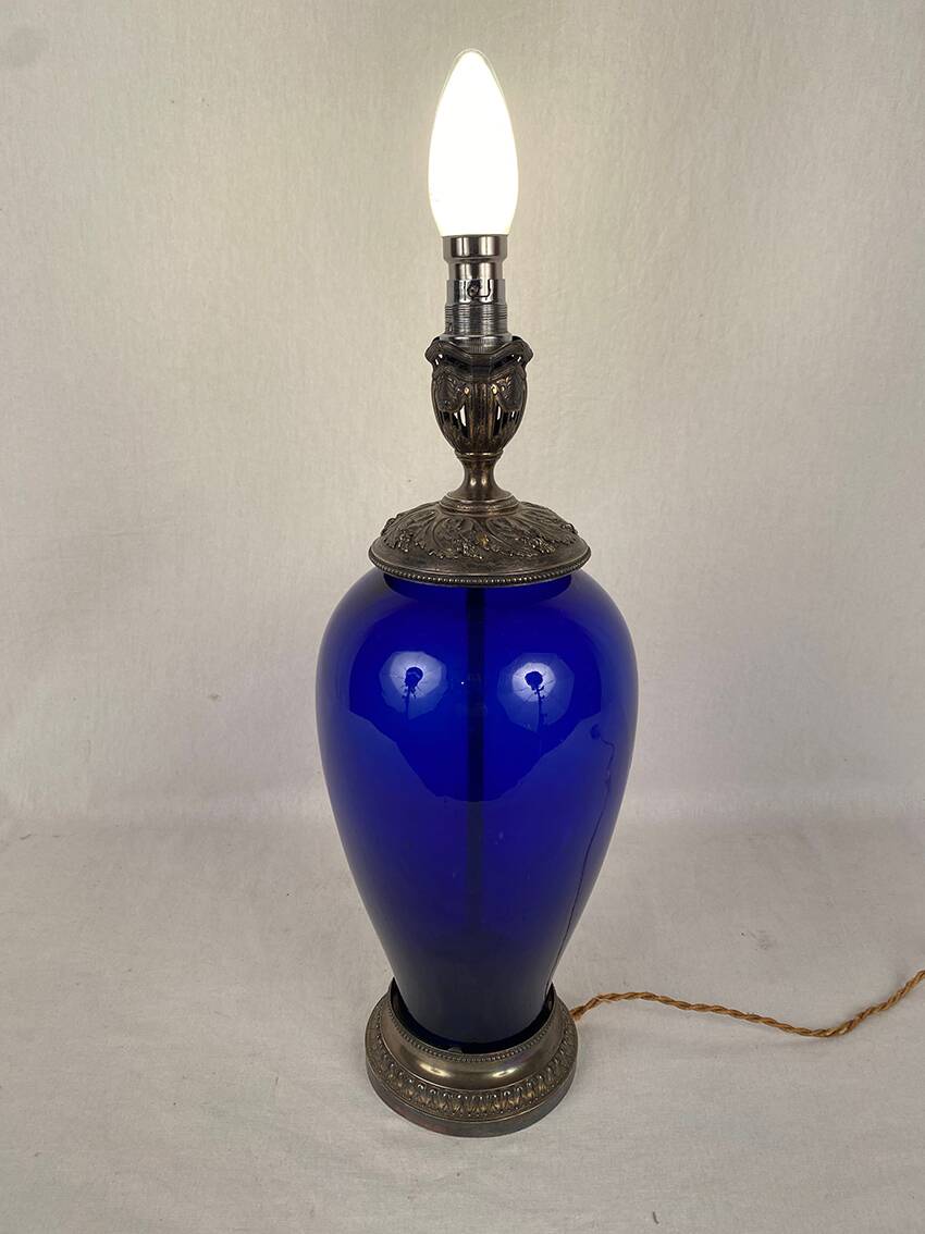 Risler and Carré. Large lamp in blue glass and silver frame, Minerve hallmark