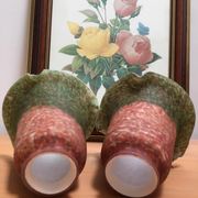 Two speckled glass paste tulips tones red and green on the bottom border