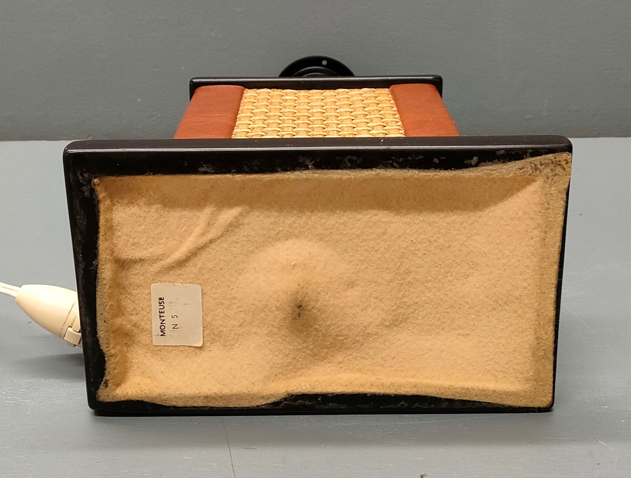 Lamp Le Dauphin black ceramic glazed, wicker canelé, imitation leather havana ~ 70's