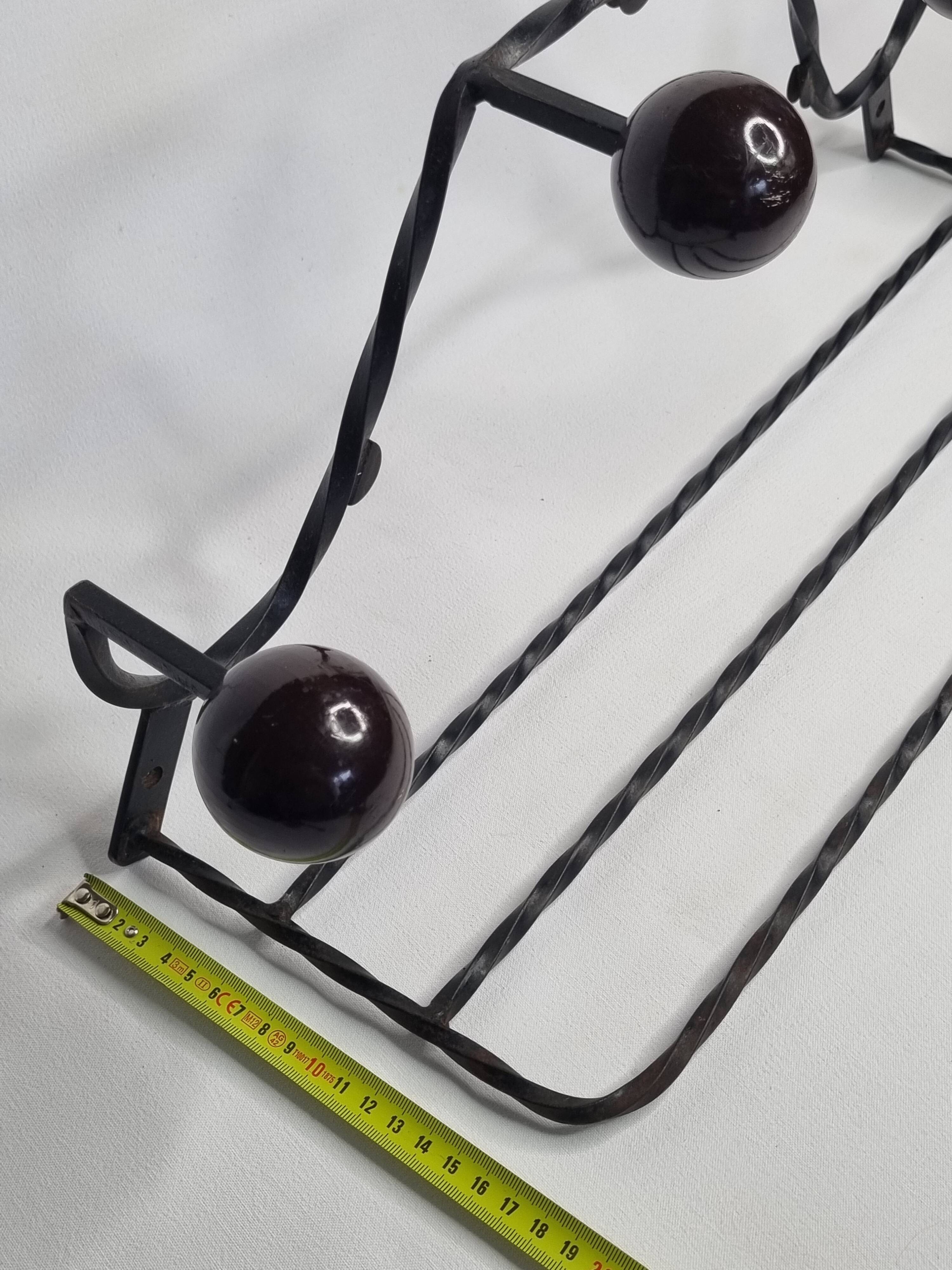 Vintage wrought iron wall coat rack with 4 hooks, 55 cm