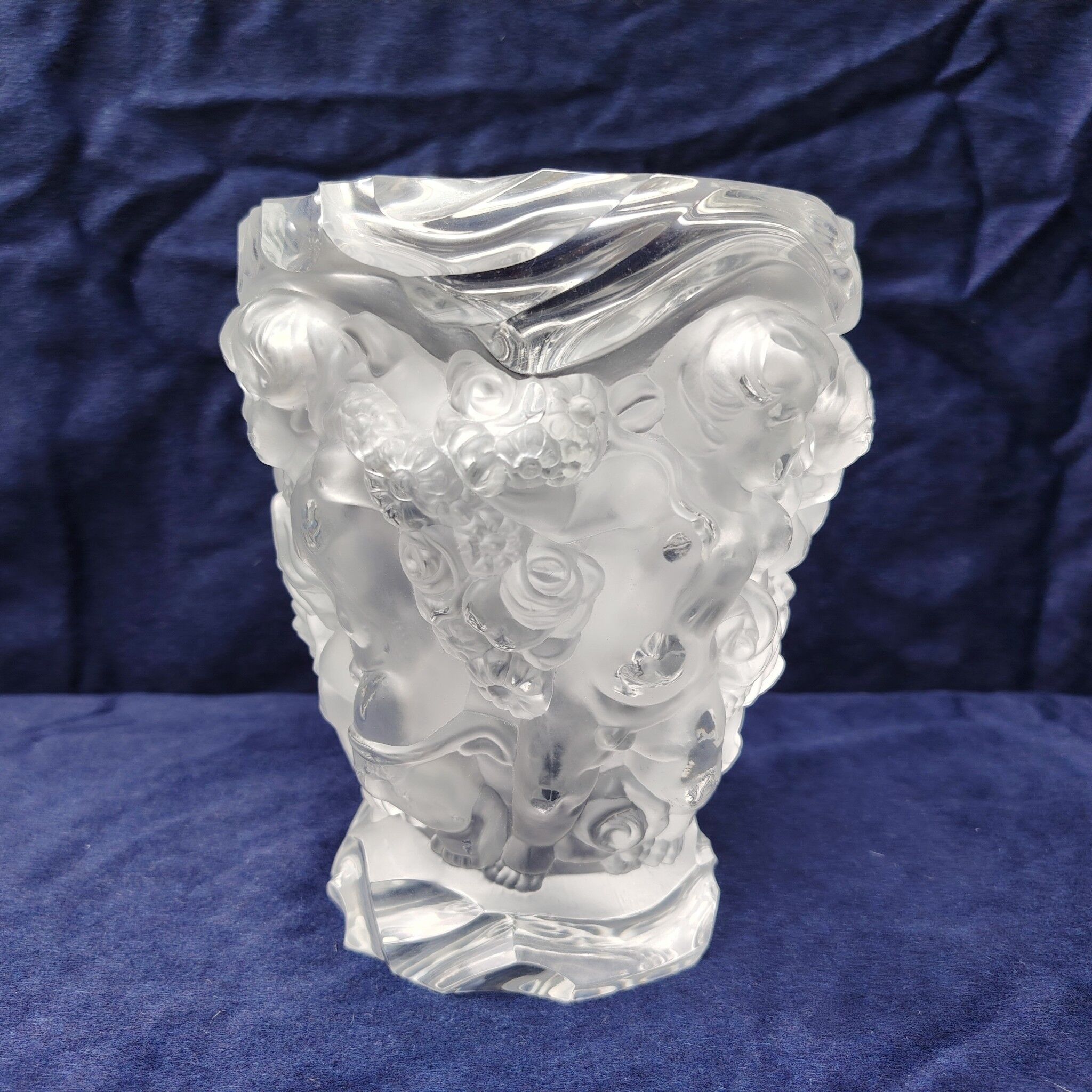 Frosted glass vase, decorated with cherubs and flowers, vintage.