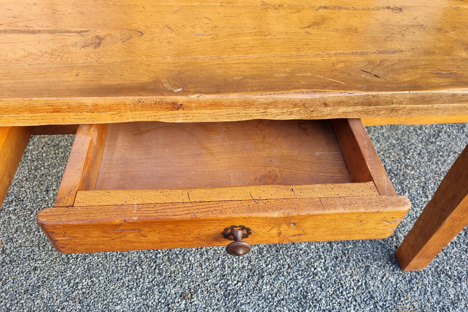Solid oak farmhouse table, two drawers, vintage, early twentieth century.