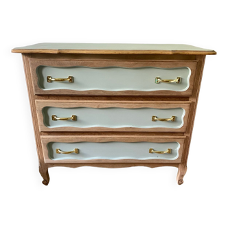 Commode vintage 3 tiroirs bois brut et vert sauge
