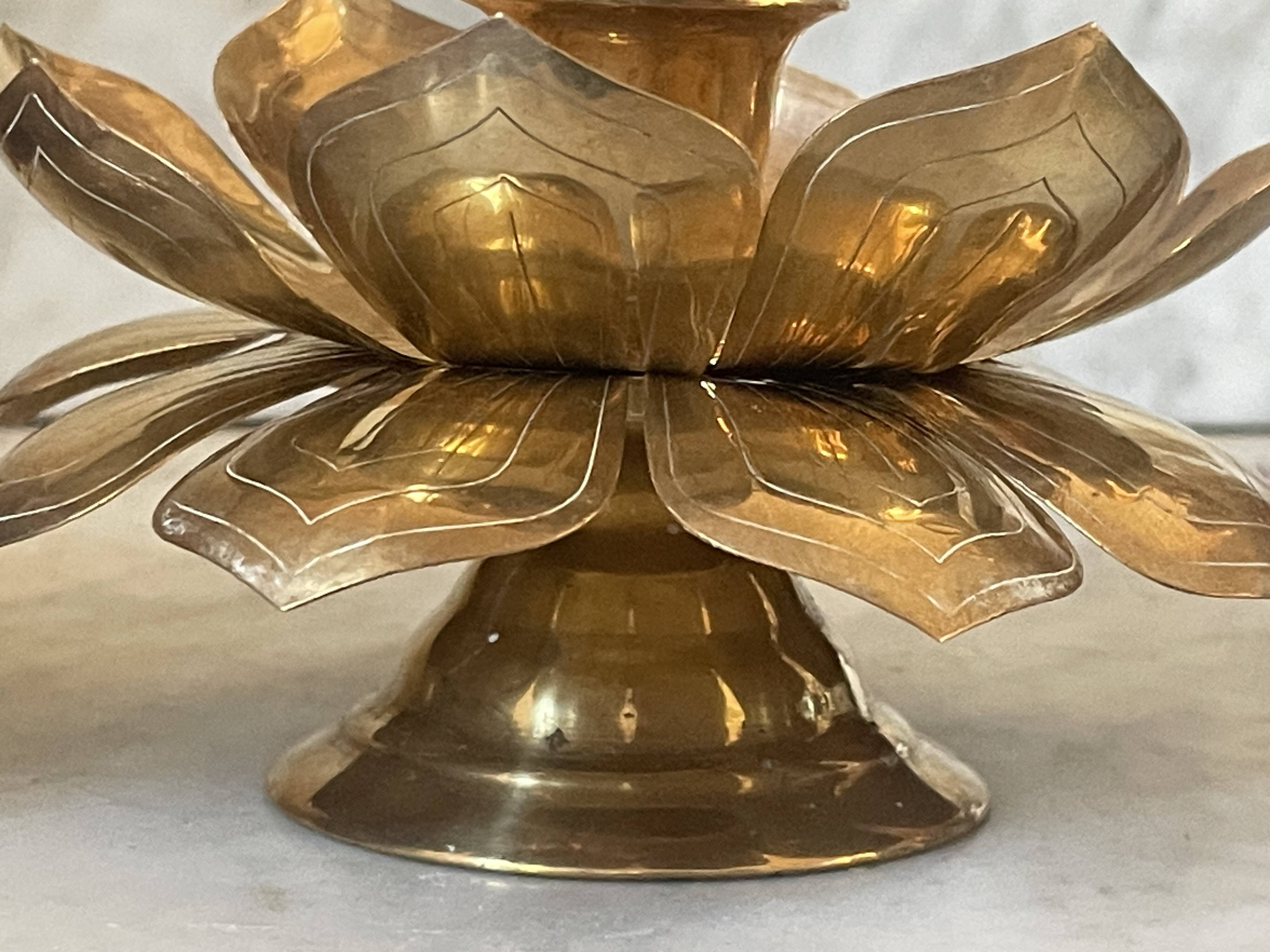 Lotus brass candlestick pair