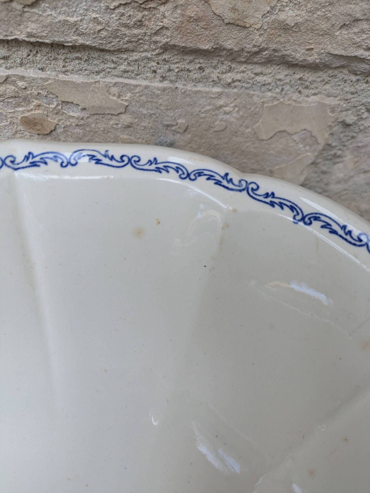 Vintage large salad bowl Gien Rouen model blue arabesques 30x14cm