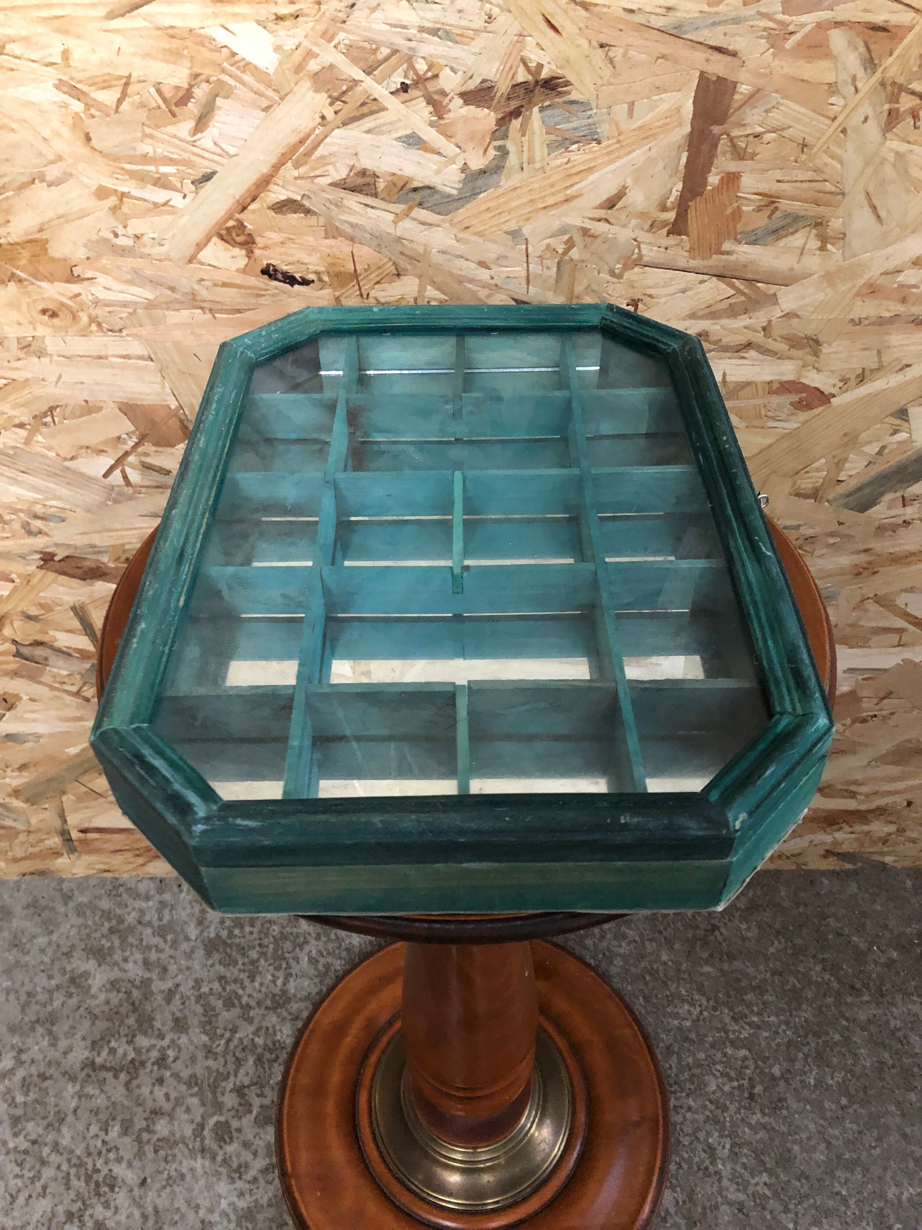 Old hanging showcase 18 green wood boxes + mirror + vintage glass door