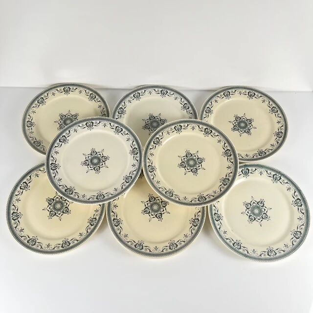Set of 8 dessert plates in ironstone "Amiral", Creil & Montereau, green-blue, late 19th century.