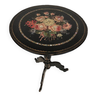 Napoleon III pedestal table, tray with painted decoration of flowers and burgot